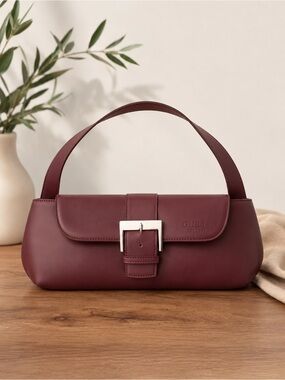 Guess Burgundy Leather Shoulder Bag with Silver Buckle